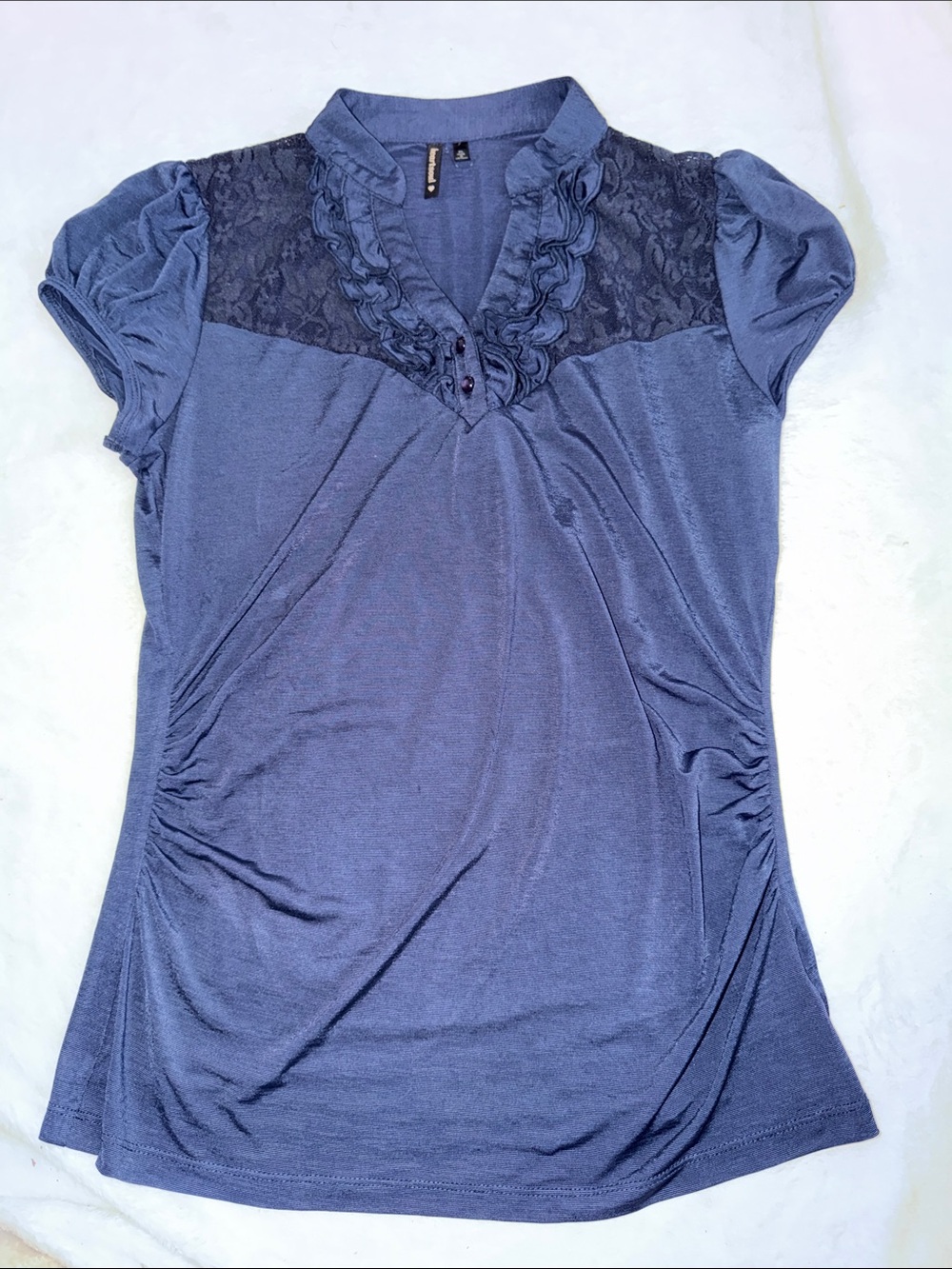 HeartSoul Blue Lace-Yoke Ruffle V-Neck Blouse